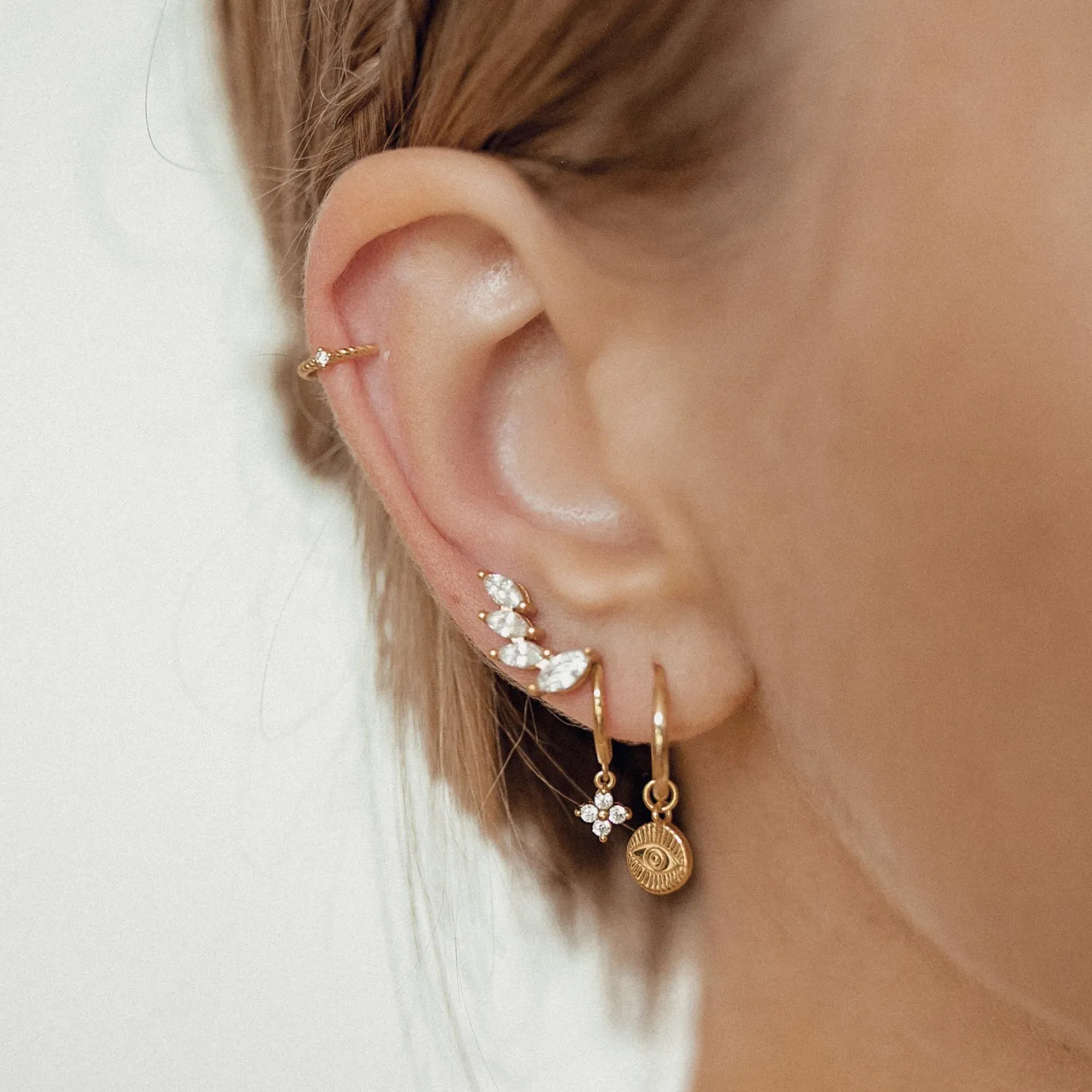 Creolen | Hey Happiness Creolen Evil Eye Anhänger Sterlingsilber in Gold