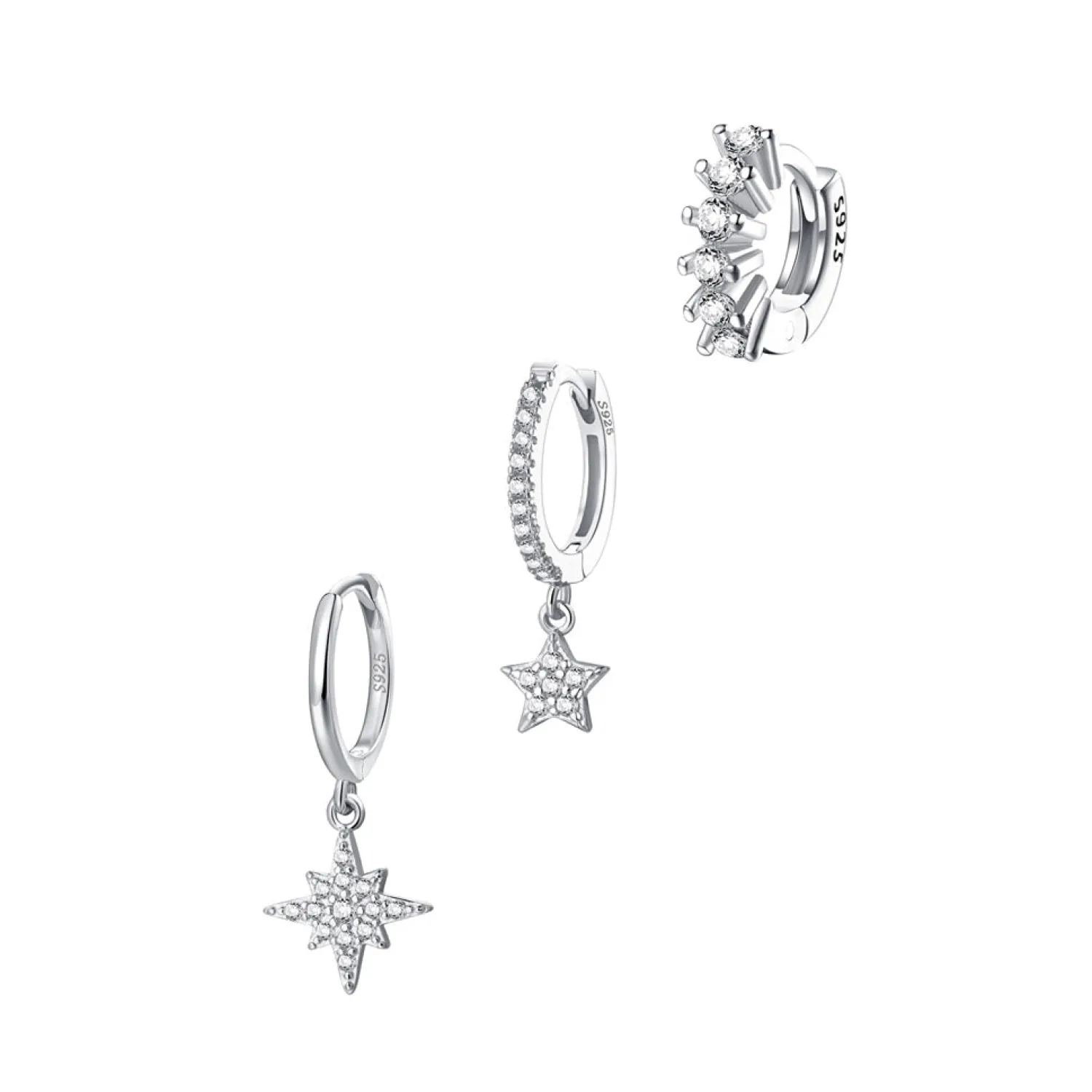 Earring Stack Sets | Hey Happiness 3er Set Stern Ohrringe im Stacking-Trend Silber Silver