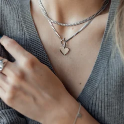 Statement Ketten | Hey Happiness Herz Kette mit T-Steg in Silberfarbe Silver
