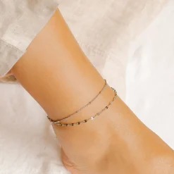 Fußkettchen | Hey Happiness Panzer und Satellite Zweireihige Fußkette Silber Silver