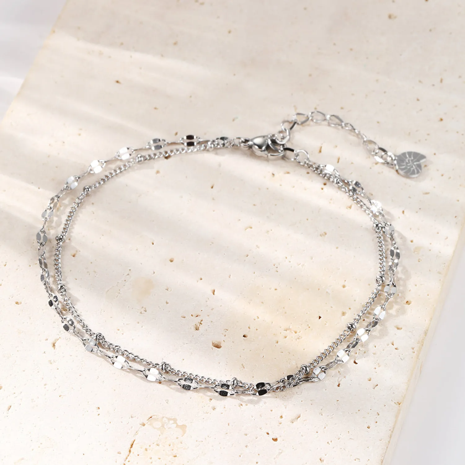Fußkettchen | Hey Happiness Panzer und Satellite Zweireihige Fußkette Silber Silver