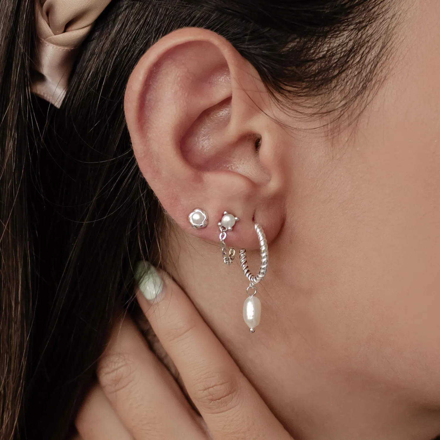 Earring Stack Sets | Ohrstecker | Hey Happiness Perle Ohrstecker & Creolen Set aus Sterlingsilber
