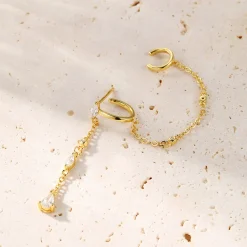 Ohrstecker | Hey Happiness Radiant Doppel Ear Cuff Ohrring mit Kette Sterlingsilber Gold