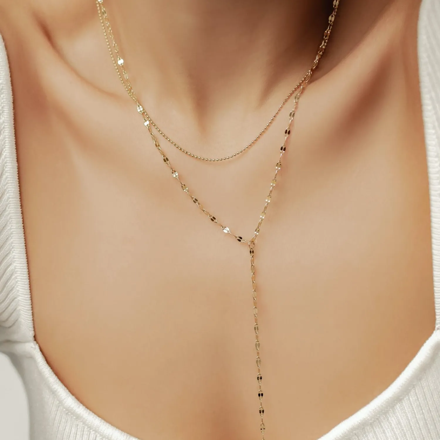 Lariat Necklaces | Filigrane Ketten | Hey Happiness Zweireihige Kugel- und Rolokette Y Form