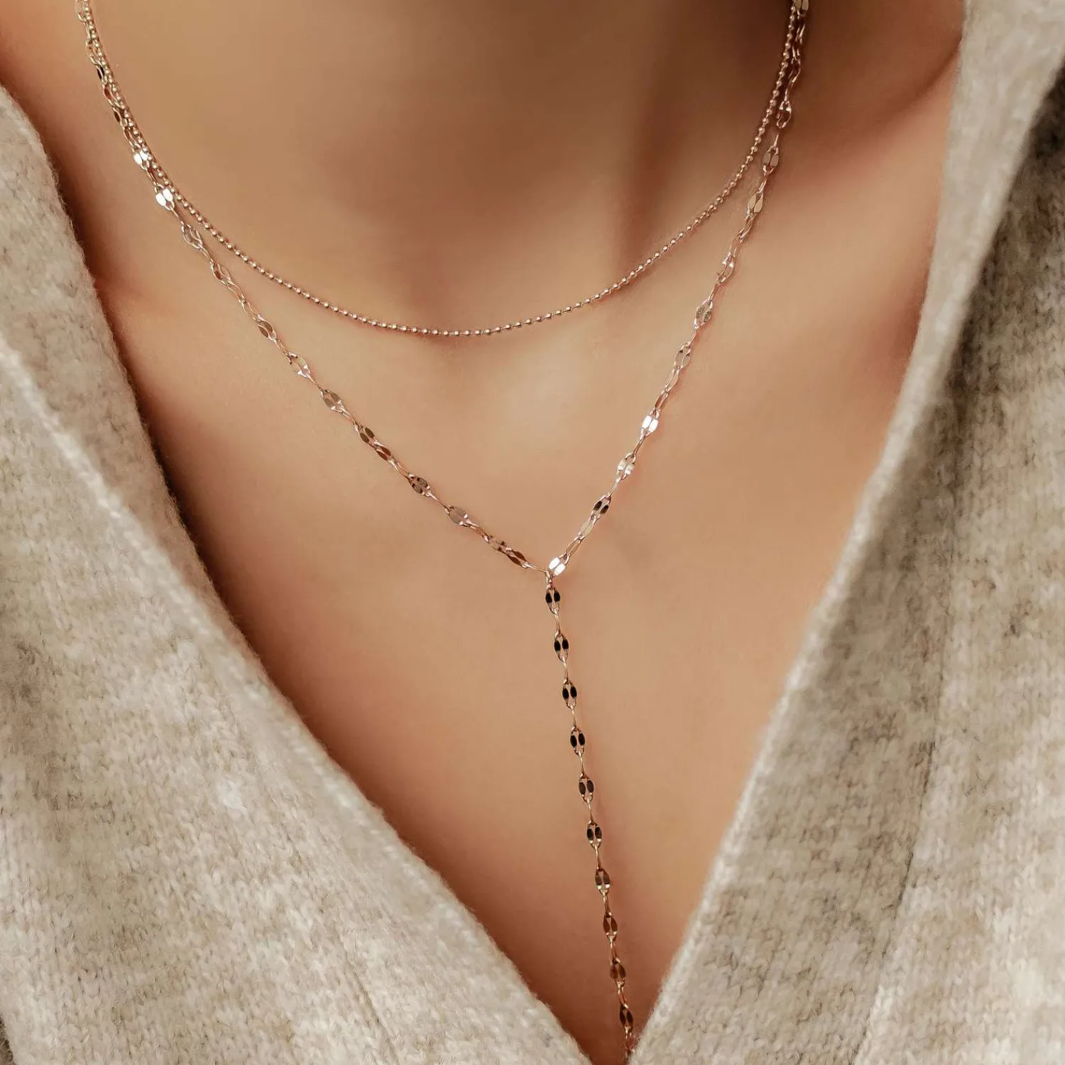 Lariat Necklaces | Filigrane Ketten | Hey Happiness Zweireihige Kugel- und Rolokette Y Form